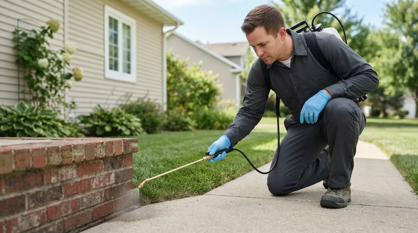 Pest control technician treating a home near Riverside, RI