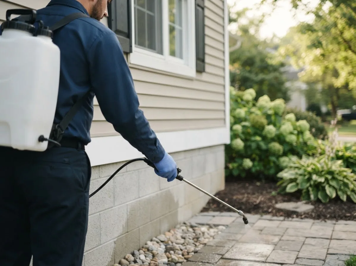 Pest control technician inspecting a home in Riverside, RI